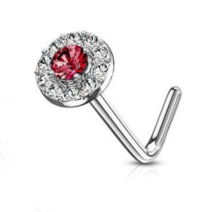 14 Kt. Gold L Bend Nose Stud Ring with Double Tier CZ Paved Round Top 20ga