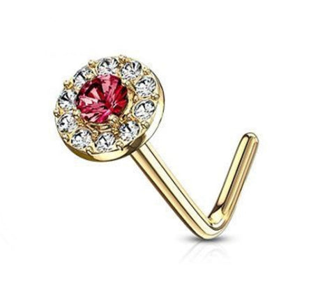 14 Kt. Gold L Bend Nose Stud Ring with Double Tier CZ Paved Round Top 20ga