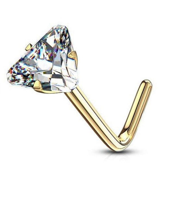 14Kt Solid Gold L Bend Nose Ring with Prong Set Triangle CZ 20 Gauge - Sold Individually
