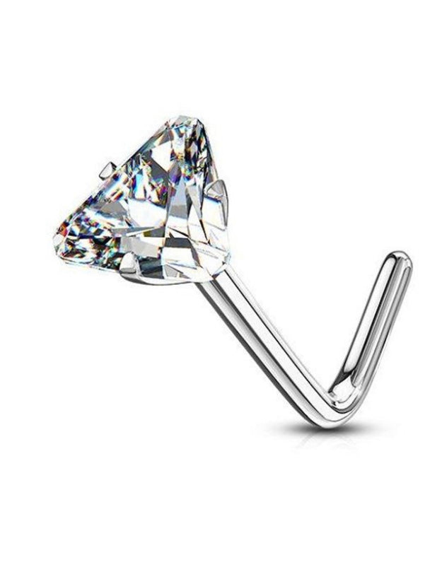 14Kt Solid Gold L Bend Nose Ring with Prong Set Triangle CZ 20 Gauge - Sold Individually